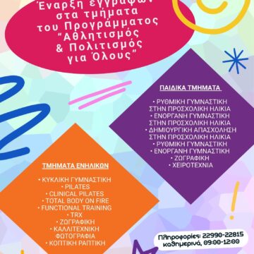 MARKOPOYLO_EGGRAFES PROGRAMMATA Έναρξη εγγραφών στα τμήματα του Προγράμματος «Αθλητισμός και Πολιτισμός για Όλους»