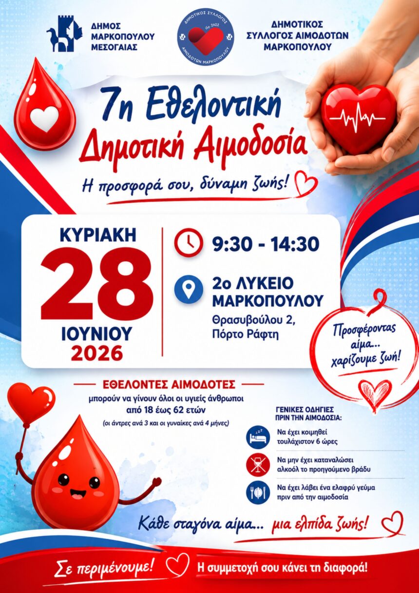 MARKOPOYLO_AIMODOSIA 7η Εθελοντική Δημοτική Αιμοδοσία στο Πόρτο Ράφτη